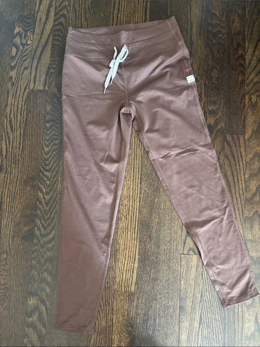 Vuori Brown Drawstring Active Leggings with White Tie, Small. Cropped